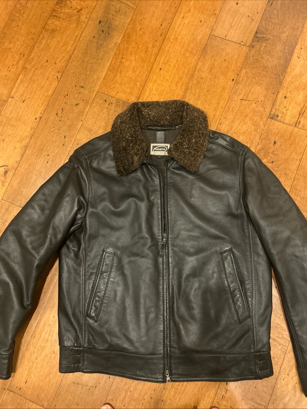 Men's Black Leather Bomber Jacket with Brown Sherpa Collar